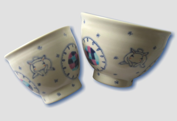 2 coupes céramique motif lapin - 2 rabbit design ceramic cups